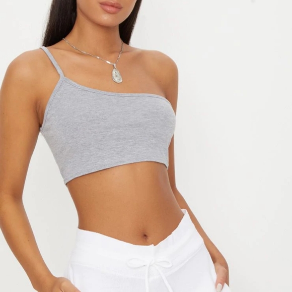 PrettyLittleThing Tops - Plt basic grey one shoulder strappy crop top